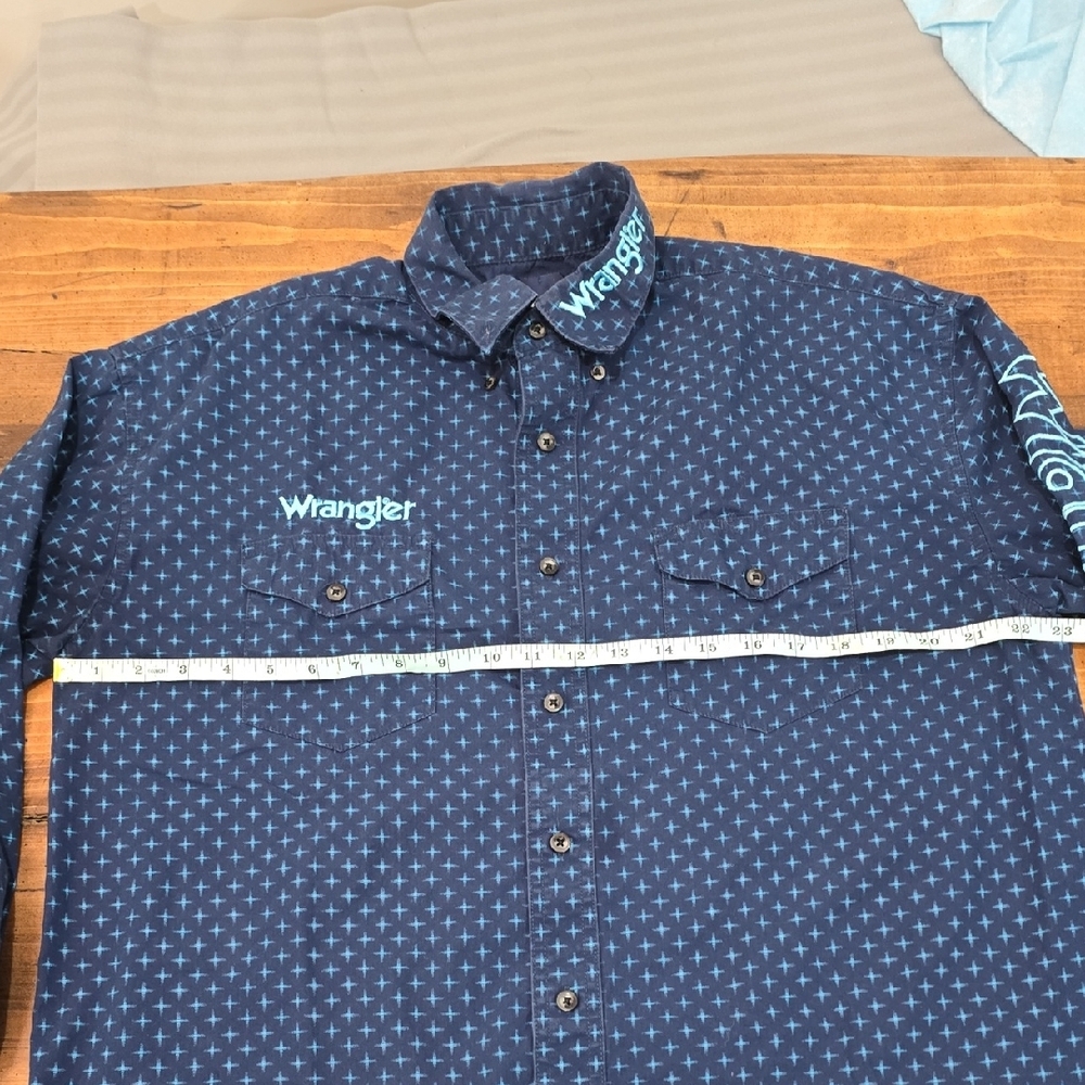 Wrangler Men’s Navy Button Down Shirt | Teal Logo Western‎ Shirt | Size L - Picture 3 of 6
